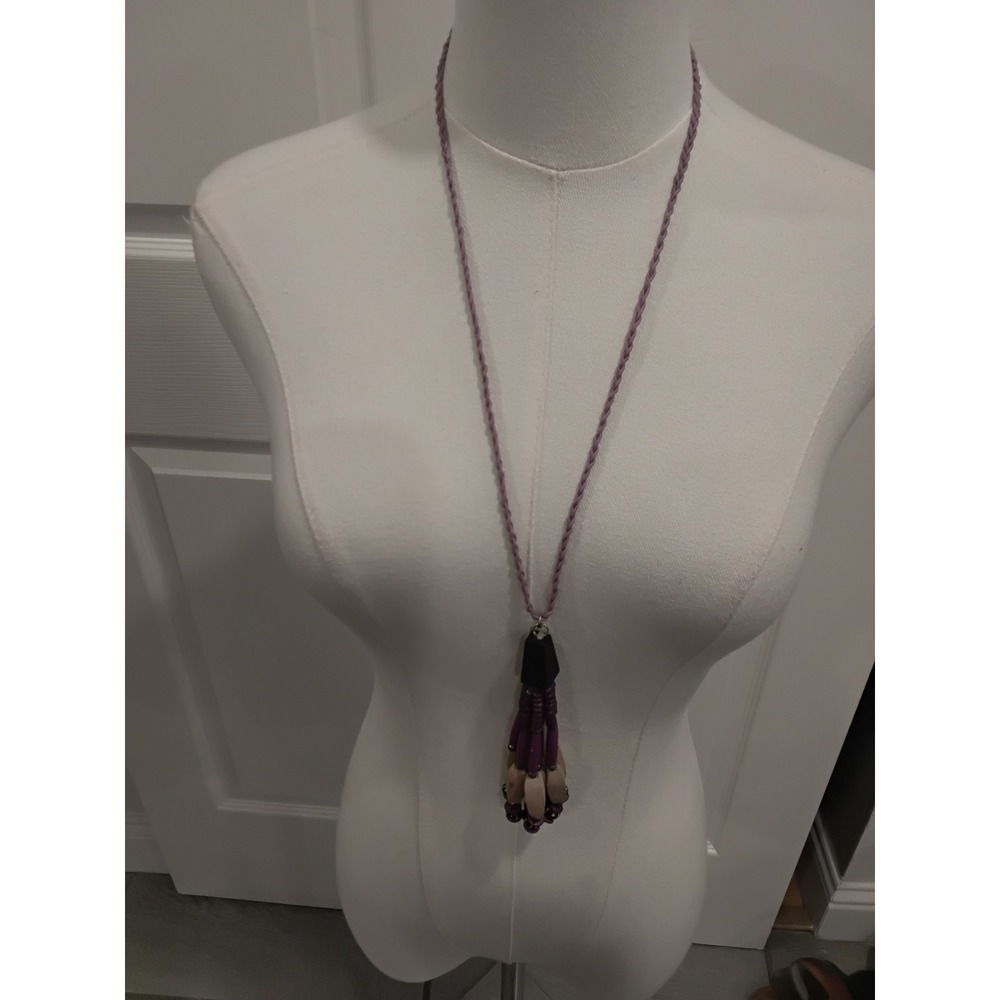 Boho Purple Wood Bead Tassel Pendant Necklace Long Braided Cord Jewelry